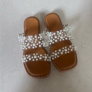 Nicole Miller women’s clear strap pearl studded slides sandals shoes size 7.5